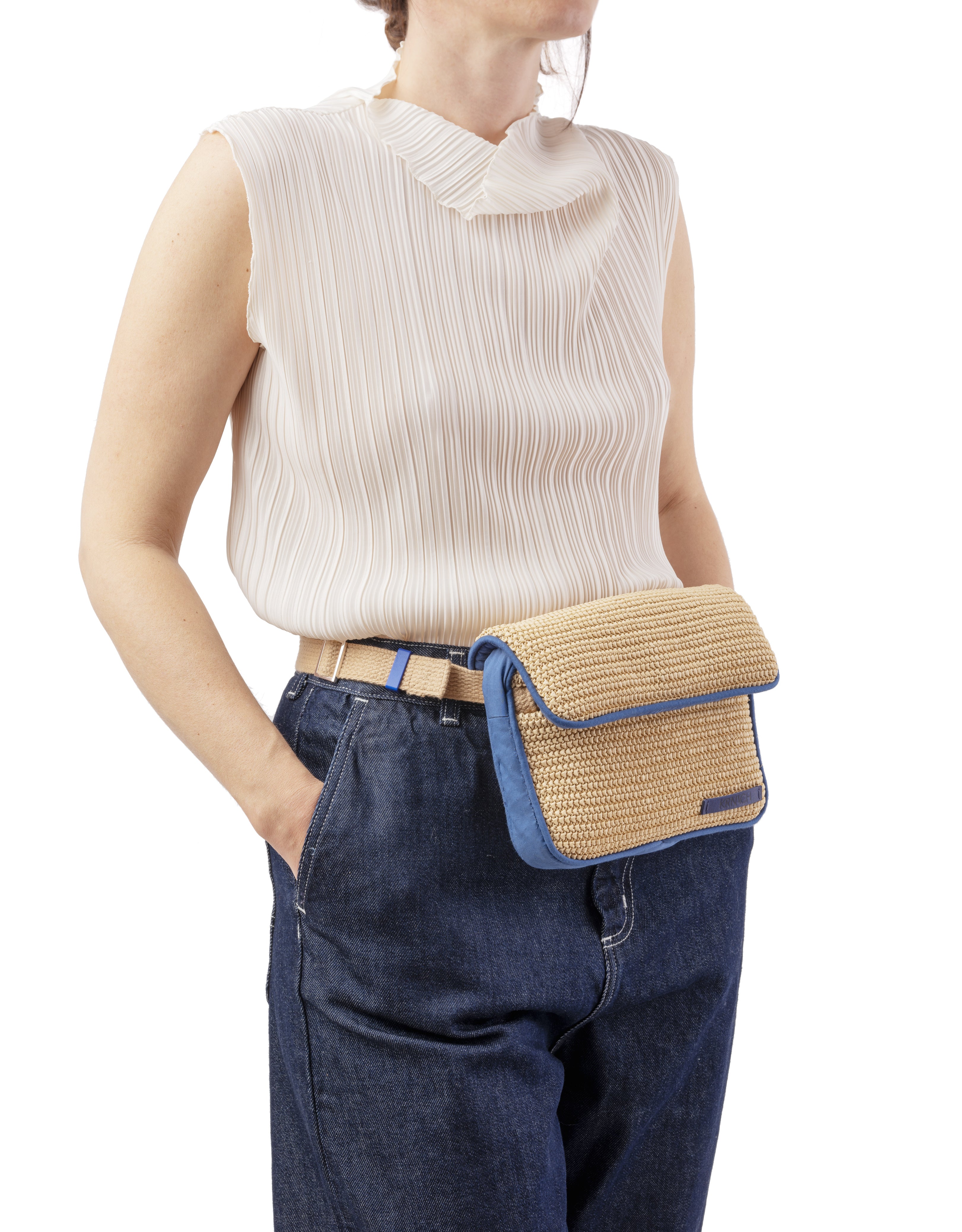 Belt Bag   Capri Krnach  Eco  Sustainable Fashion Bag Raffia Beige  Blue  Model