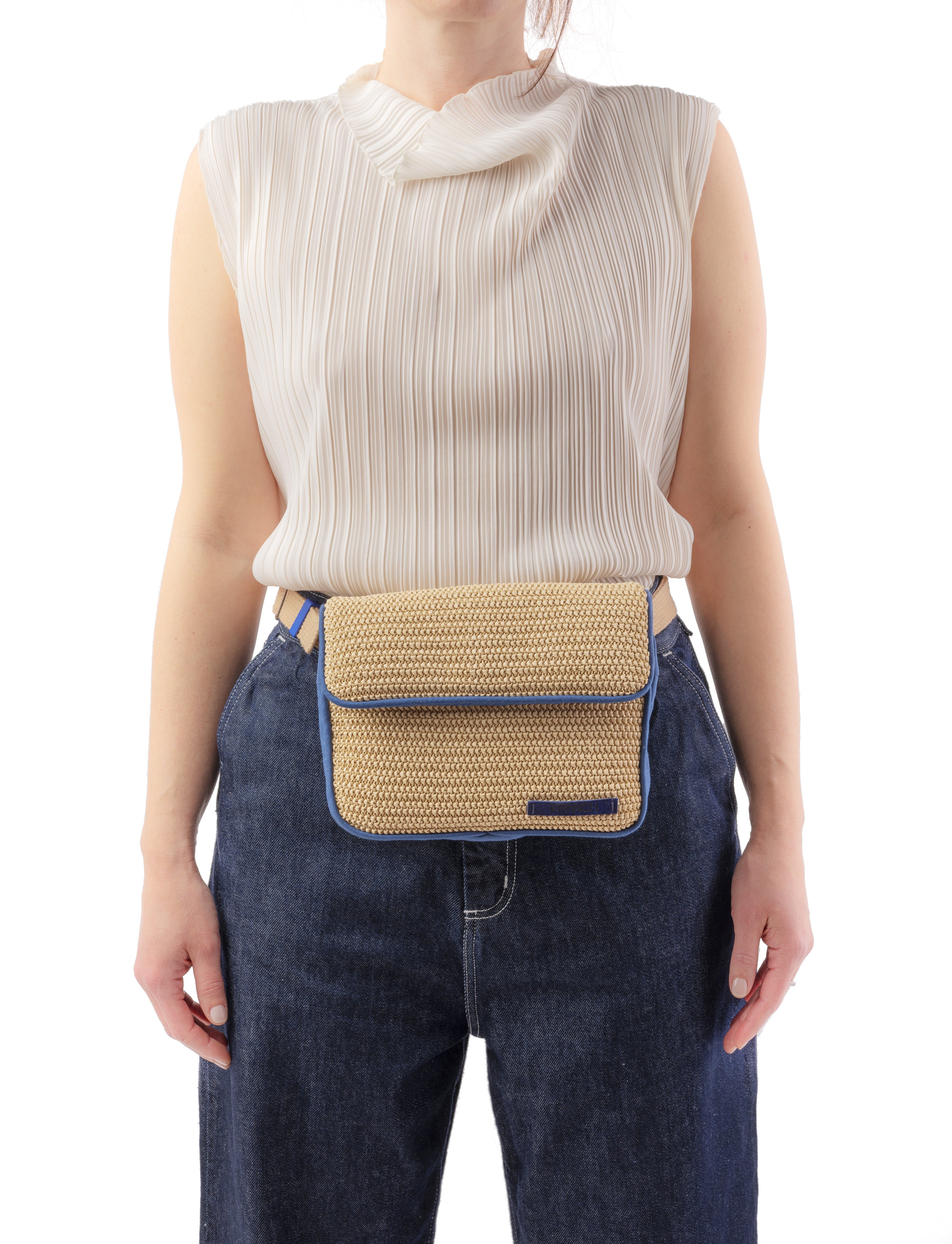 Belt Bag   Capri Krnach  Eco  Sustainable Fashion Bag Raffia Beige  Blue  Model